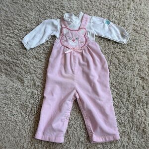 Vintage 80s/90s Cater’s Pink & White Corduroy Kitten Overalls with Bow 12mo